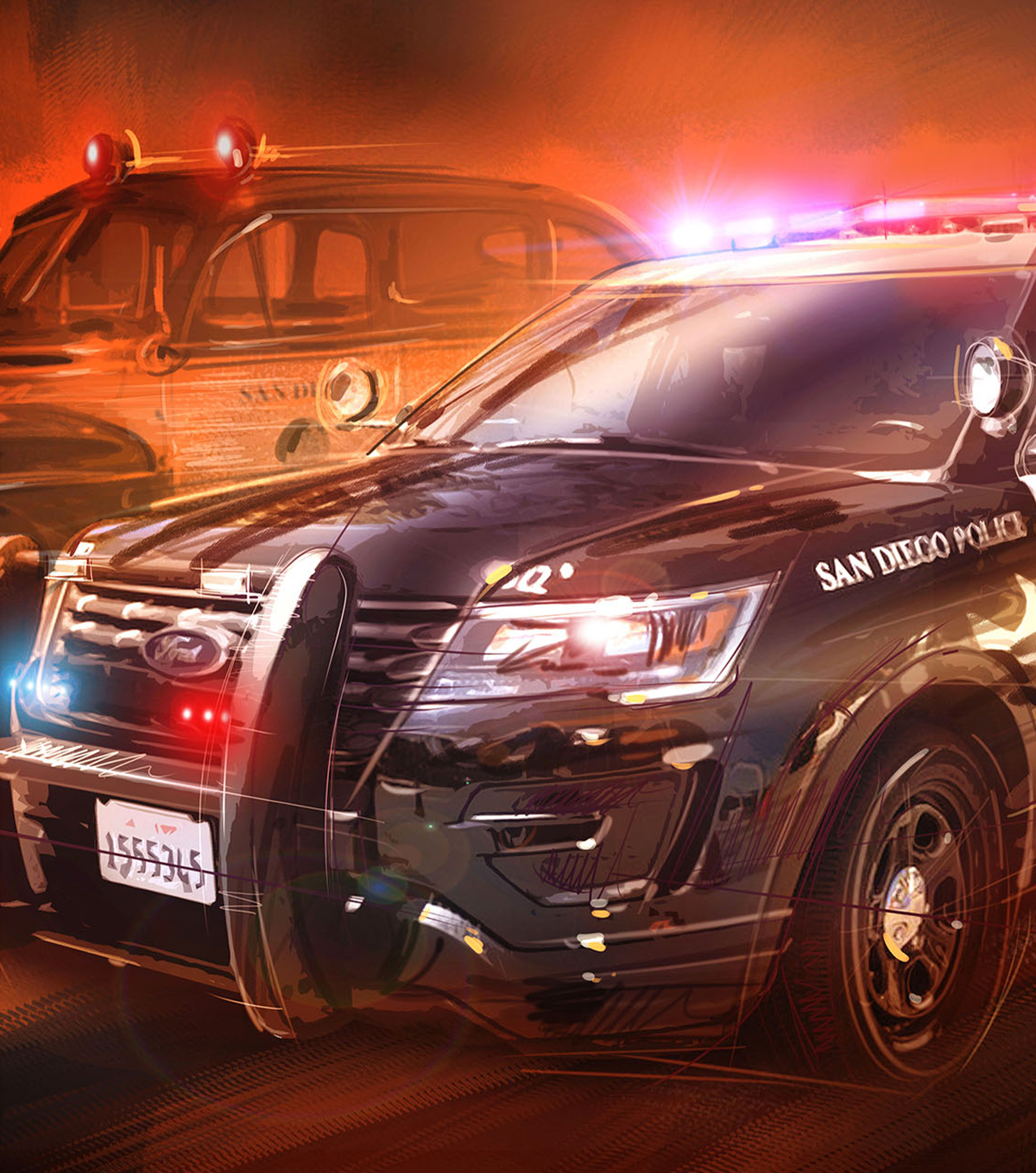 A vintage San Diego police car beside a modern San Diego Police SUV
